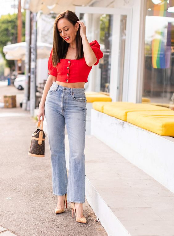 Red Crop Top, Airport Fashion Wear With Light Blue Jeans, Red Crop Top ...